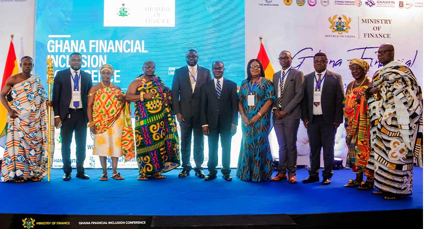 Adadzewa Otoo (first right) moderates a panel of representatives of financial regulators who shed more light on harmonising financial inclusion data for evidence-led policy in Ghana