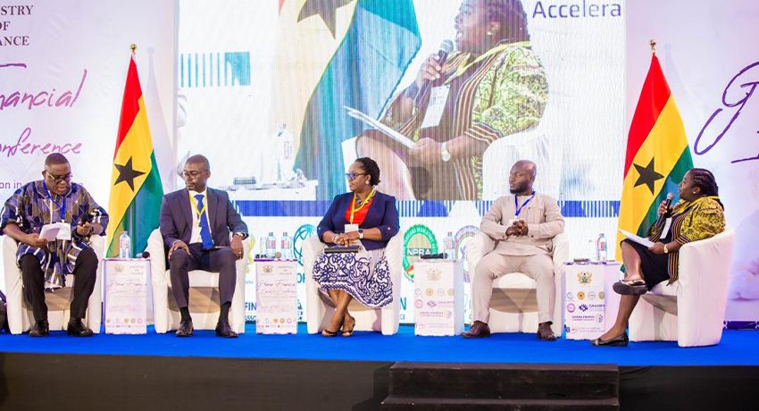 Adadzewa Otoo (first right) moderates a panel of representatives of financial regulators who shed more light on harmonising financial inclusion data for evidence-led policy in Ghana